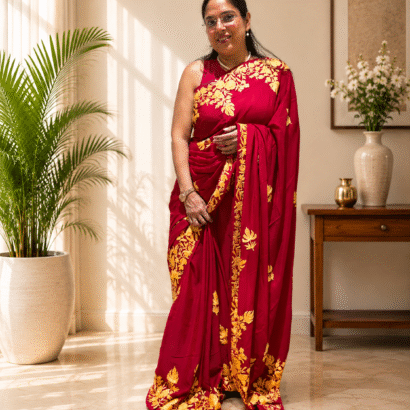 Red Kashmiri Saree with Golden Floral Embroidery