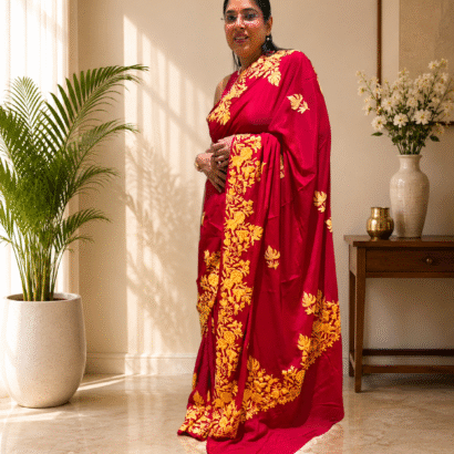 Red Kashmiri Saree with Golden Floral Embroidery