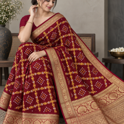 Cotton Silk Bandhej Saree with Hand Bandhej Work and Running Blouse