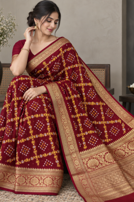 Cotton Silk Bandhej Saree with Hand Bandhej Work and Running Blouse