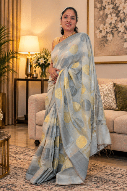 Pure Banarasi Silk Saree in off-white with gold zari buttis