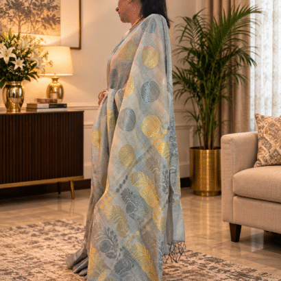Pure Banarasi Silk Cotton Saree in off-white with gold zari buttis