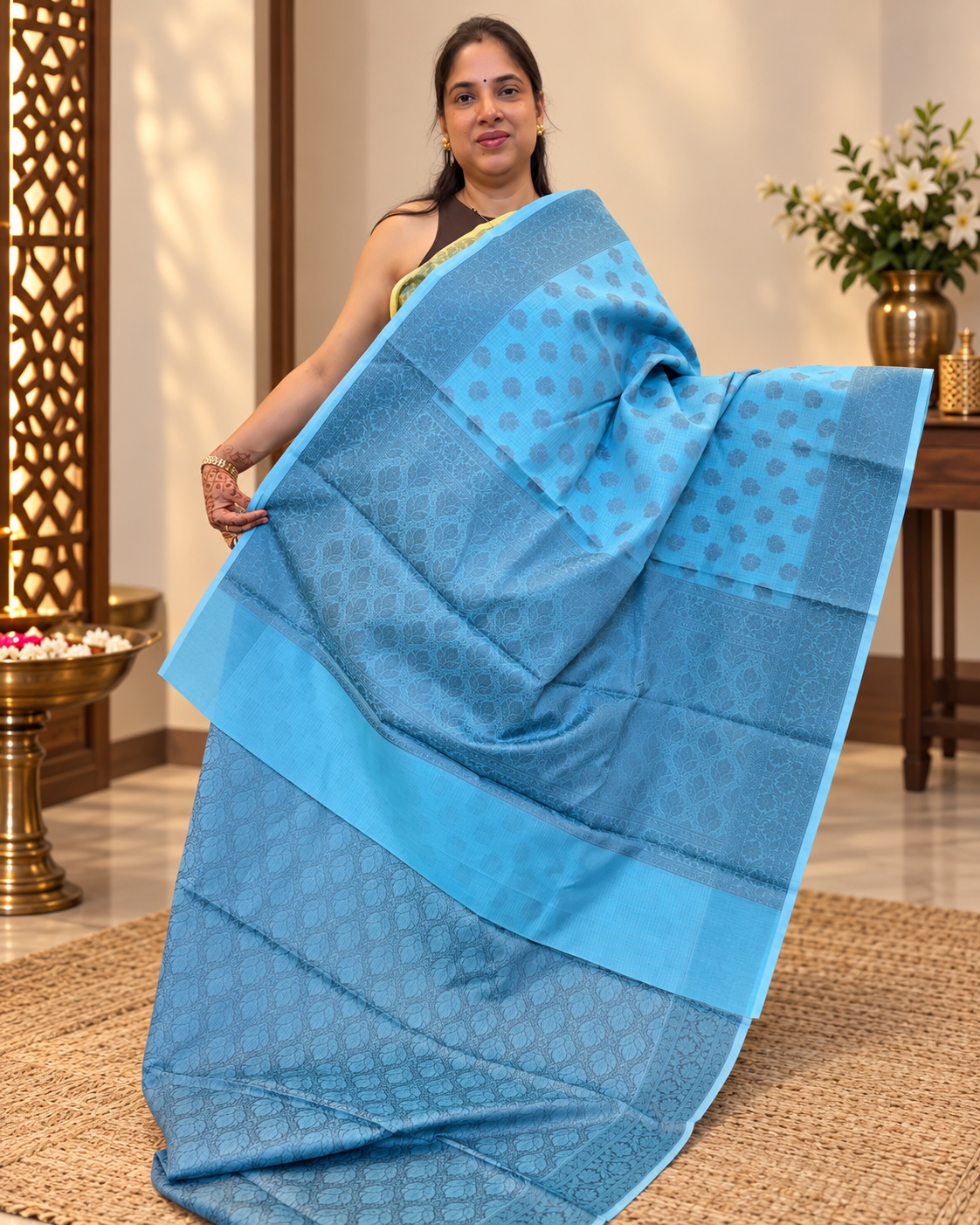 Pure Banarasi Cotton Saree in Sky Blue with Resham Jamdani weaving