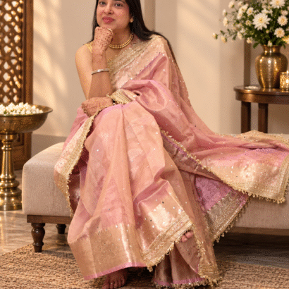 dusty rose Banarasi silk saree with mirror work and kiran fringe border