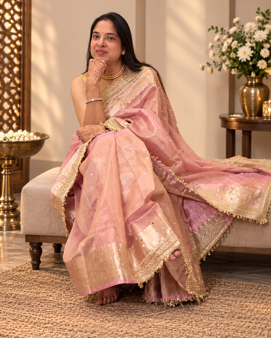 dusty rose Banarasi silk saree with mirror work and kiran fringe border