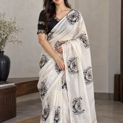 Chanderi saree with white, golden & black embroidery and cotton tassels with plain black designer blouse