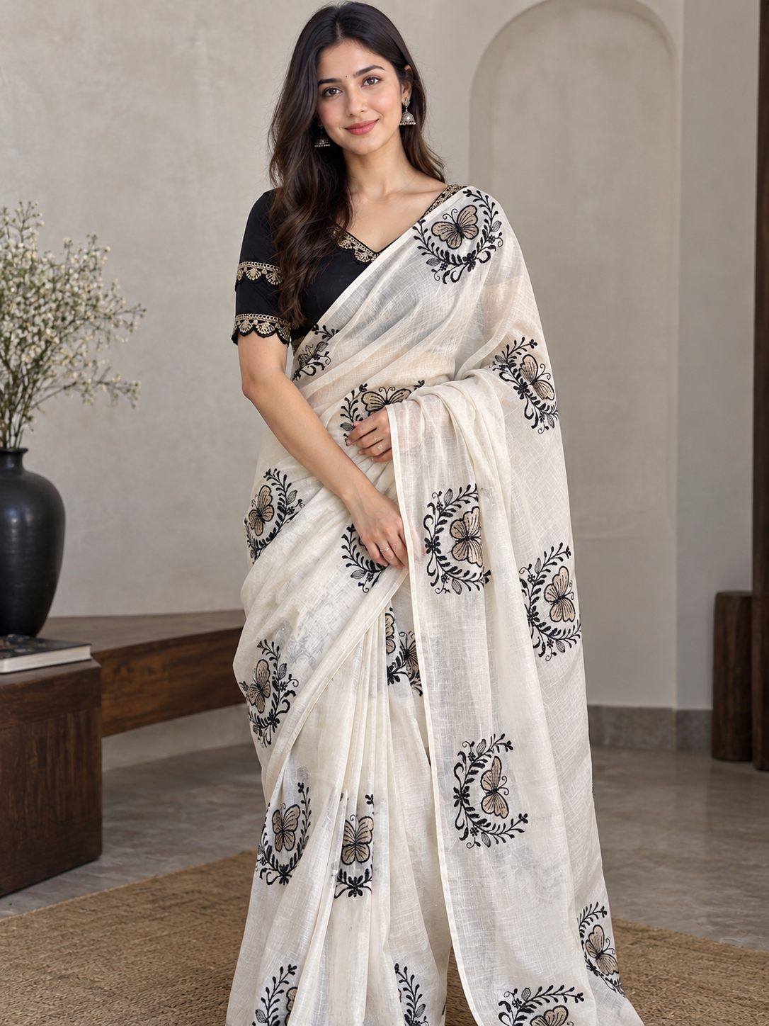 Chanderi saree Chanderi saree with white, golden & black embroidery and cotton tassels with plain black designer blouse