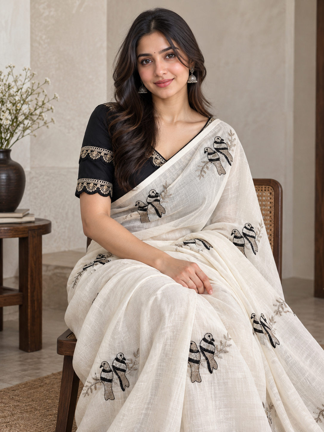 Chanderi saree white, golden & black thread embroidery