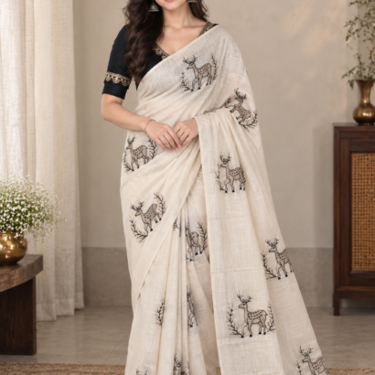 Chanderi saree with white, golden & black embroidery and cotton tassels with plain black designer blouse
