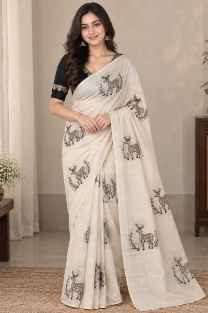 Chanderi saree with white, golden & black embroidery and cotton tassels with plain black designer blouse