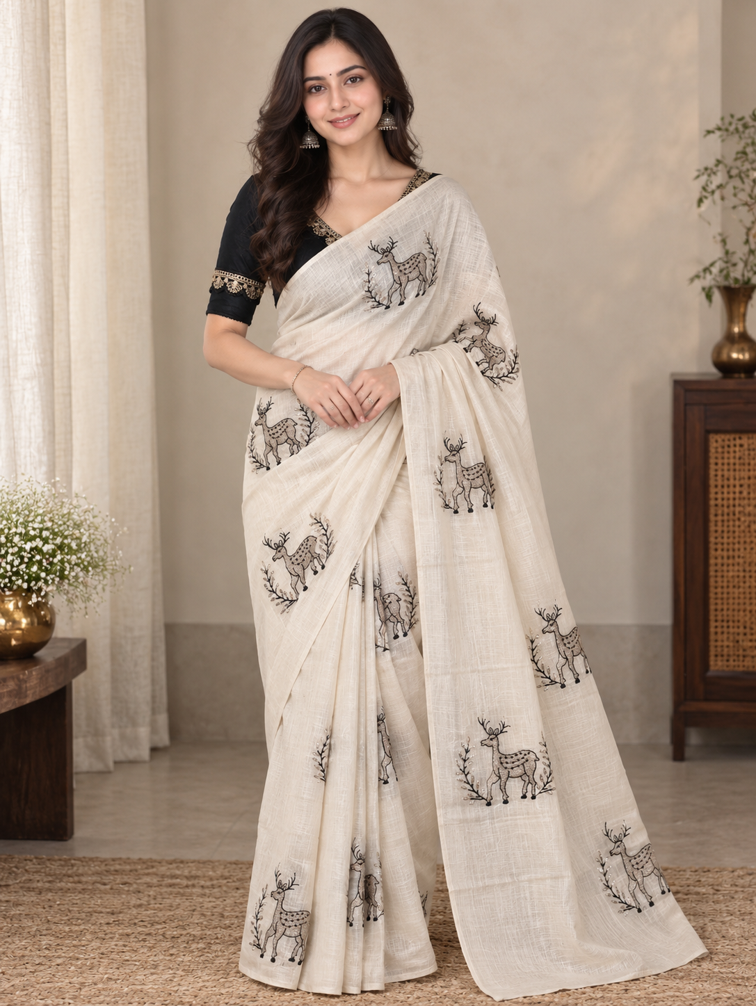 Chanderi saree with white, golden & black embroidery and cotton tassels with plain black designer blouse
