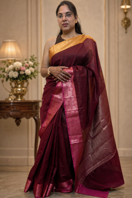 Deep maroon handloom silk saree with mustard gold blouse and zari border