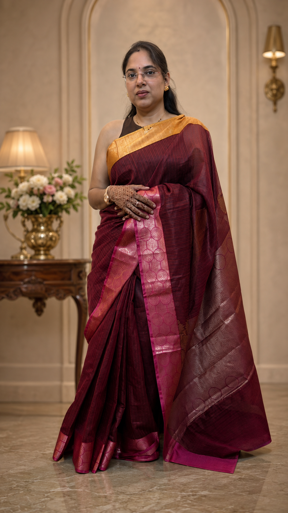 Deep maroon handloom silk saree Deep maroon handloom silk saree with mustard gold blouse and zari border