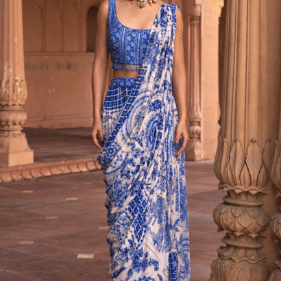 Blue Thikri Print Georgette Saree with Sequence and Cutdana Handwork