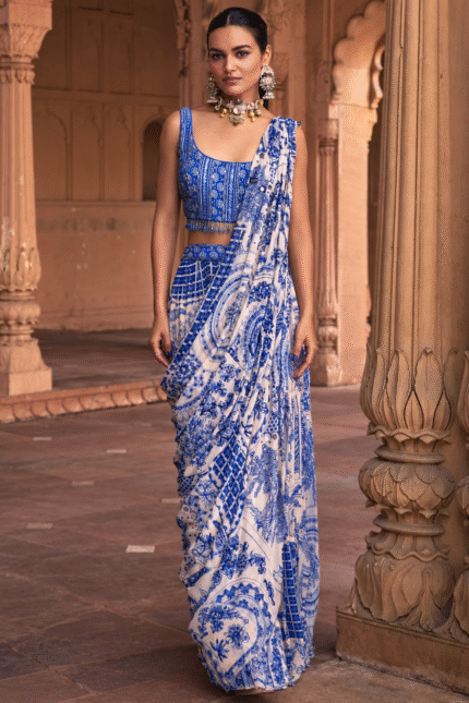 Blue Thikri Print Georgette Saree with Sequence and Cutdana Handwork