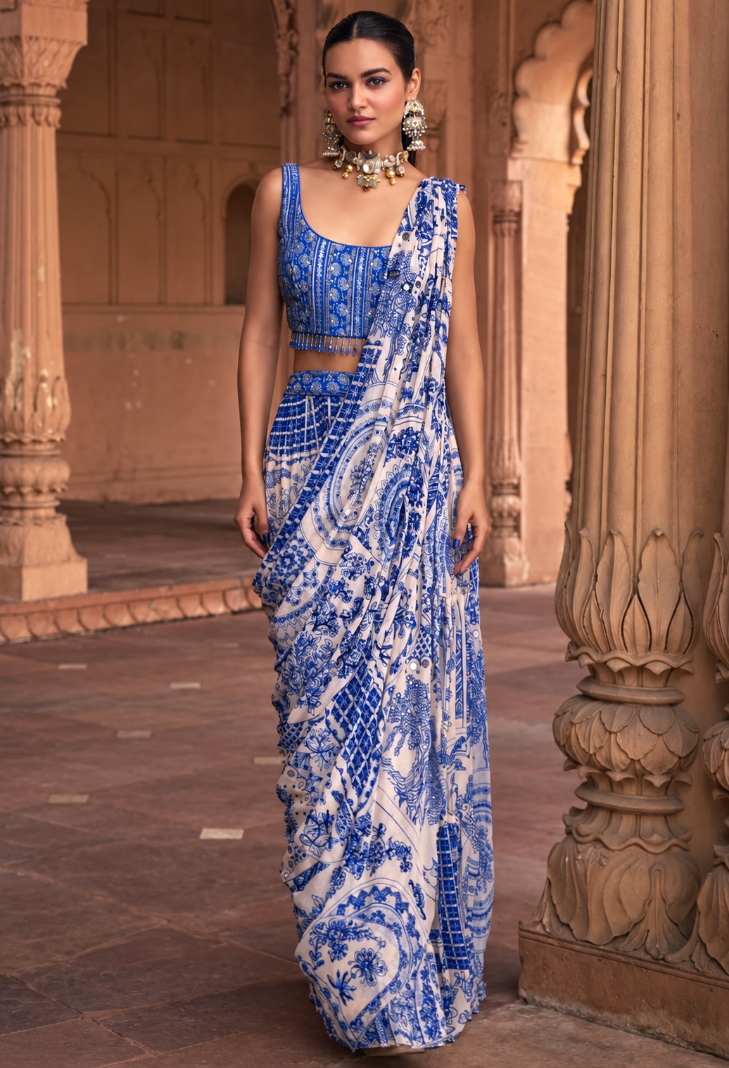 georgette saree Blue Thikri Print Georgette Saree with Sequence and Cutdana Handwork