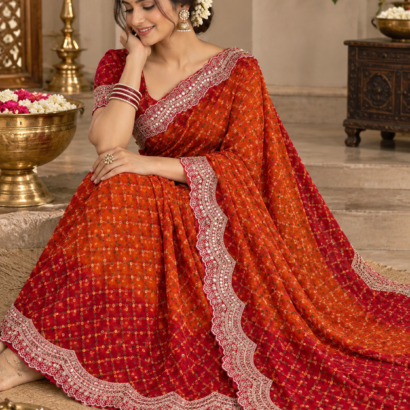Pure Viscose Georgette Saree with checks weaving, sequence cutwork lace border and tassels