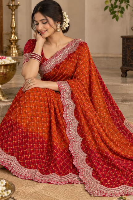 Pure Viscose Georgette Saree with checks weaving, sequence cutwork lace border and tassels