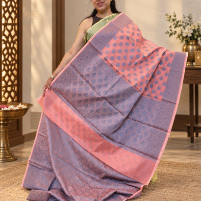 Pure Banarasi Cotton Saree in Peach with Resham Jamdani weaving