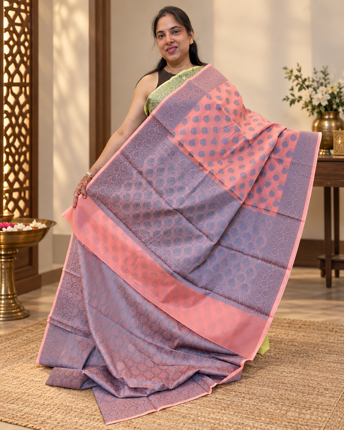 Pure Banarasi Cotton Saree in Peach with Resham Jamdani weaving