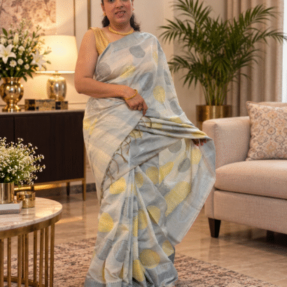 Pure Banarasi Silk Cotton Saree in off-white with gold zari buttis