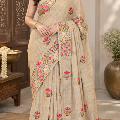 Elegant handloom tussar silk saree with paichwai embroidery, scalloped border and lotus-cow motifs