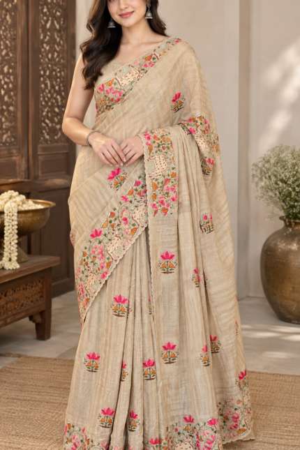 Elegant handloom tussar silk saree with paichwai embroidery, scalloped border and lotus-cow motifs