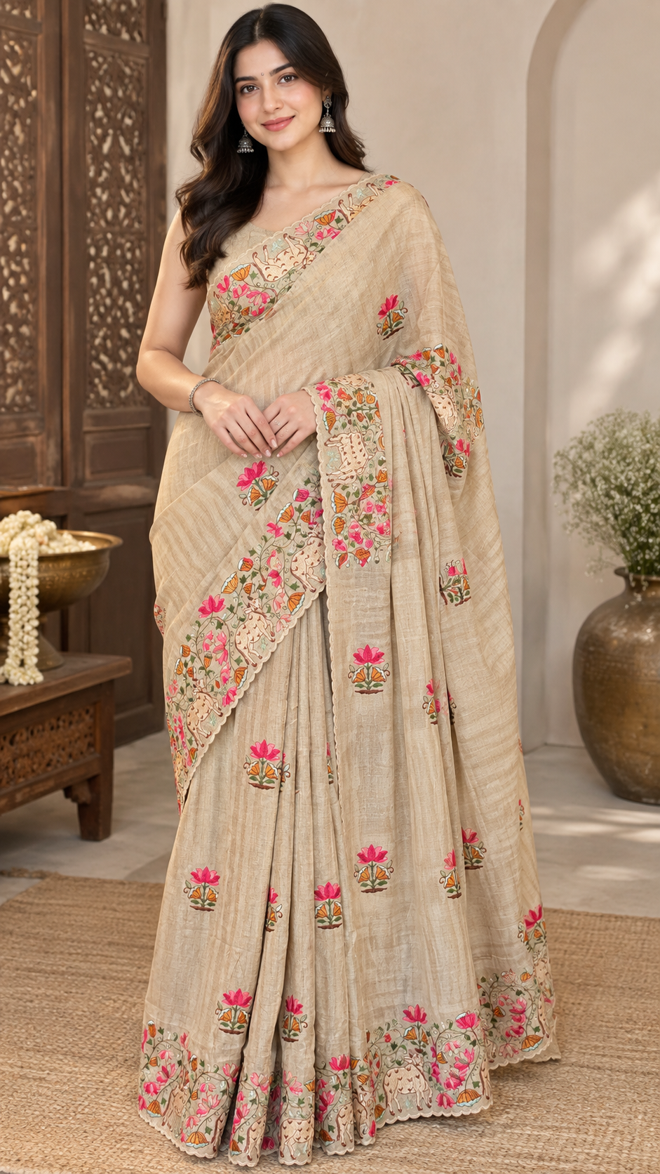 Elegant handloom tussar silk saree with paichwai embroidery, scalloped border and lotus-cow motifs