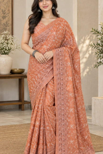 Peach color tussar silk saree with cutwork borders and warli print, paired with a printed blouse