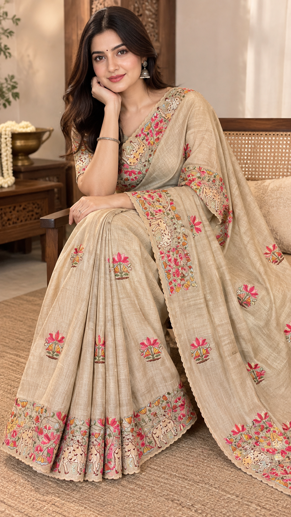 Handloom Tussar Silk Saree Elegant handloom tussar silk saree with paichwai embroidery, scalloped border and lotus-cow motifs