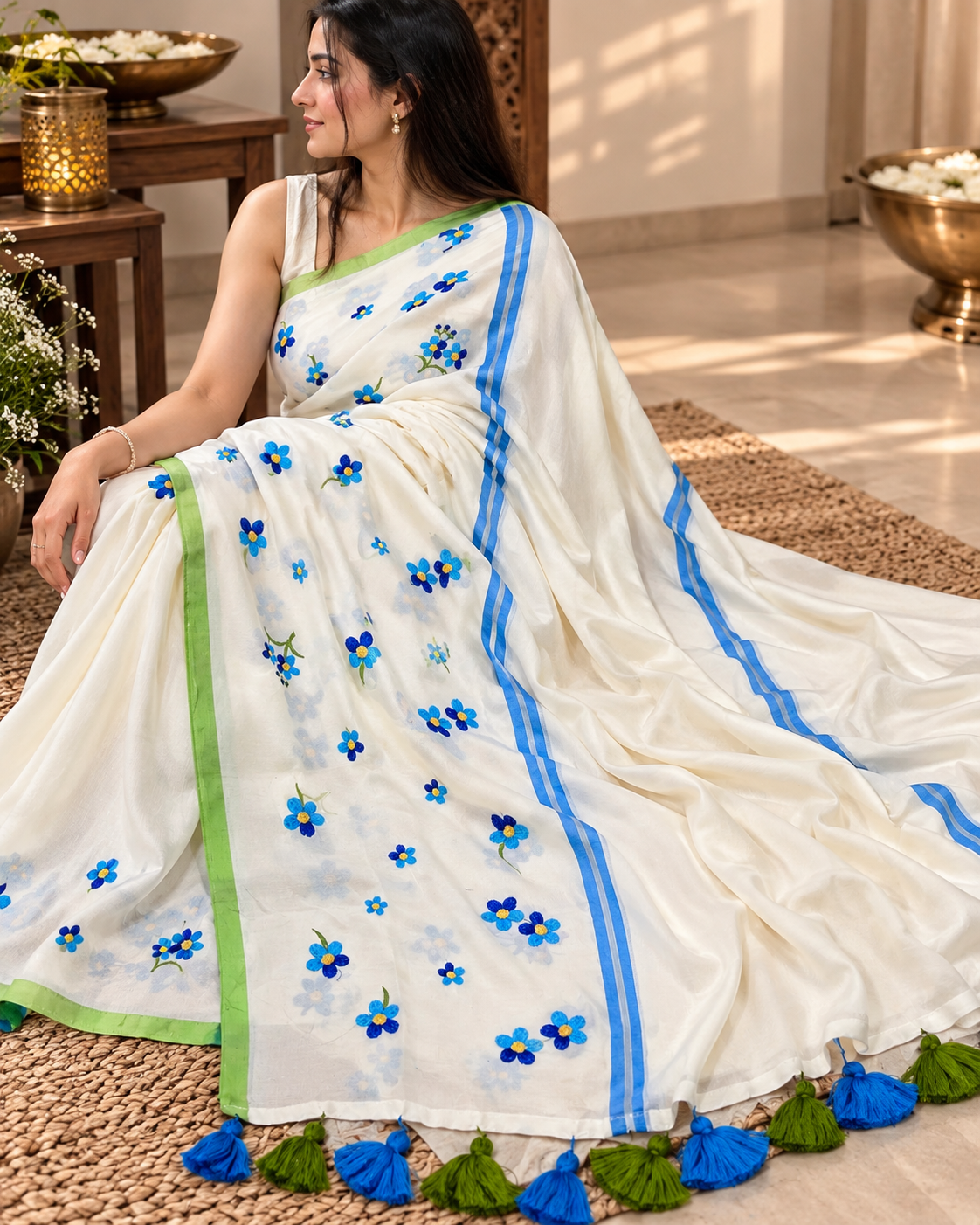 CREAME COLOR AND BLUE Floral Embroidery Cotton Saree with Matching Blouse Piece Floral Embroidery Saree with Matching Blouse Piece.