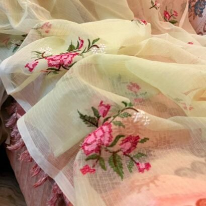 Kota Doria Saree Ivory Color with floral Parsi embroidery and white border