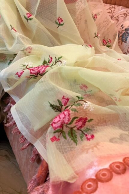 Kota Doria Saree Ivory Color with floral Parsi embroidery and white border