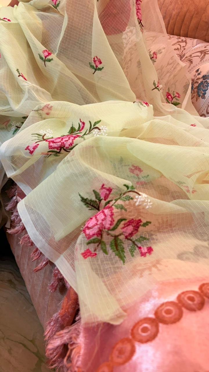 Kota Doria Saree Ivory color Kota Doria Saree Ivory Color with floral Parsi embroidery and white border