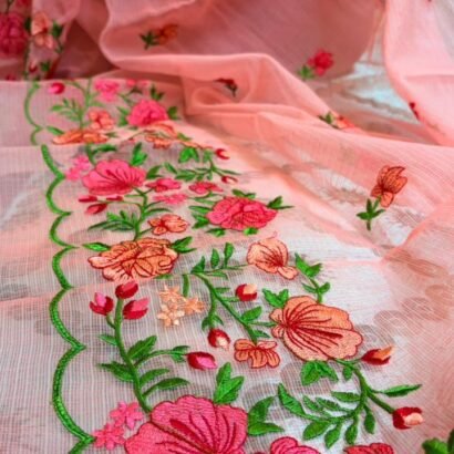 Pink Kota Doria Saree with floral Parsi embroidery and white border