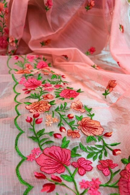 Pink Kota Doria Saree with floral Parsi embroidery and white border