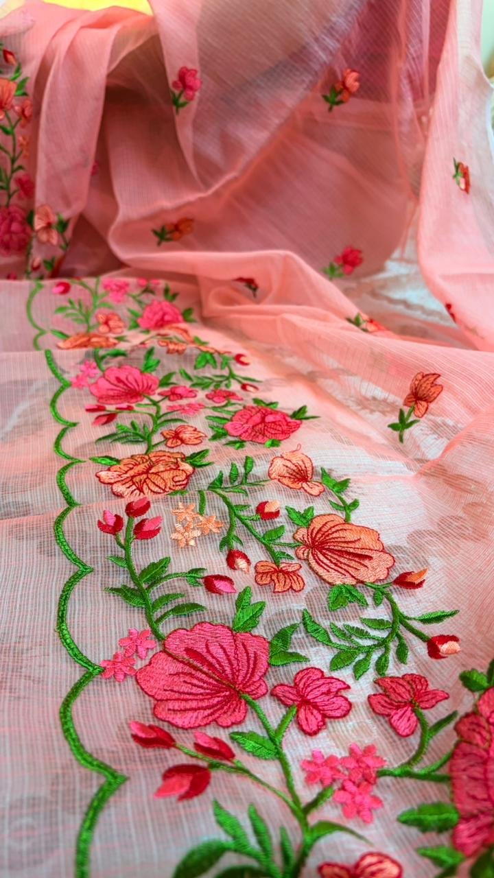 Pink Kota Doria Saree Pink Kota Doria Saree with floral Parsi embroidery and white border