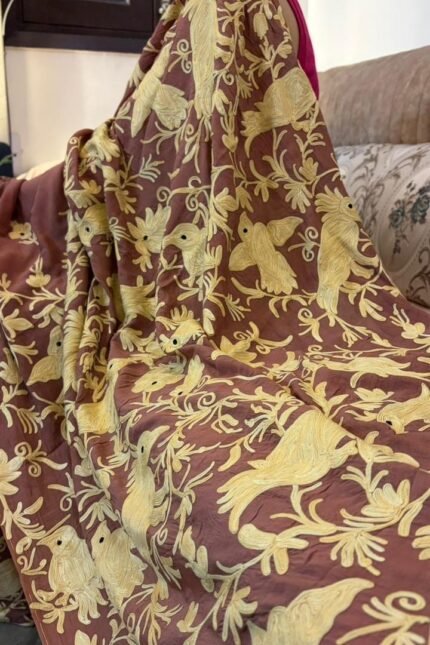 Designer mauve brown saree with gold floral embroidery