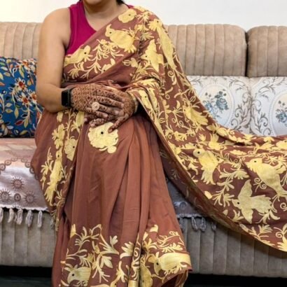 Designer mauve brown Crepe Silk saree with gold floral embroidery