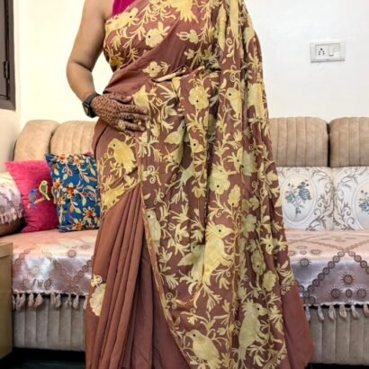 Designer mauve brown Crepe Silk saree with gold floral embroidery