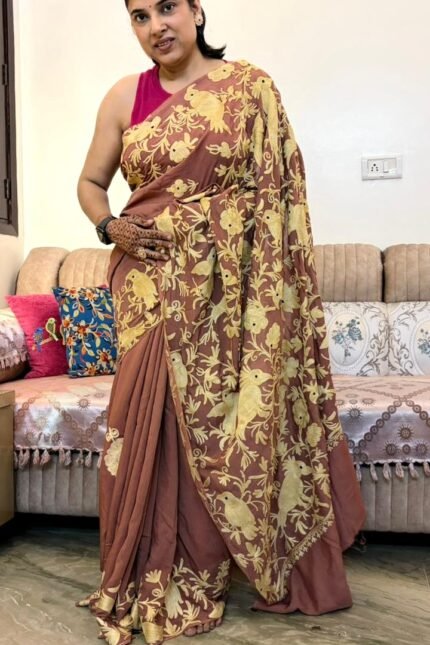 Designer mauve brown Crepe Silk saree with gold floral embroidery
