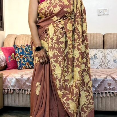 Designer mauve brown Crepe Silk saree with gold floral embroidery