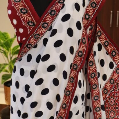 Polka Dot Crepe Silk Saree with Ajrakh Printed Pallu