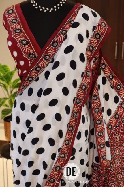 Polka Dot Crepe Silk Saree with Ajrakh Printed Pallu