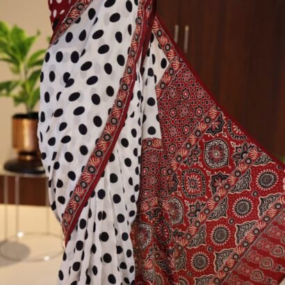 Polka Dot Crepe Silk Saree with Ajrakh Printed Pallu