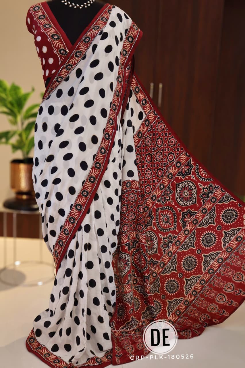 Polka Dot Crepe Silk Saree with Ajrakh Printed Pallu