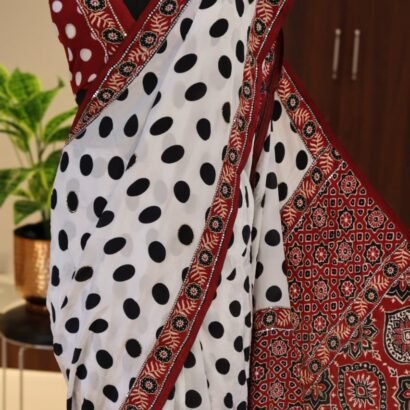 Polka Dot Crepe Silk Saree with Ajrakh Printed Pallu