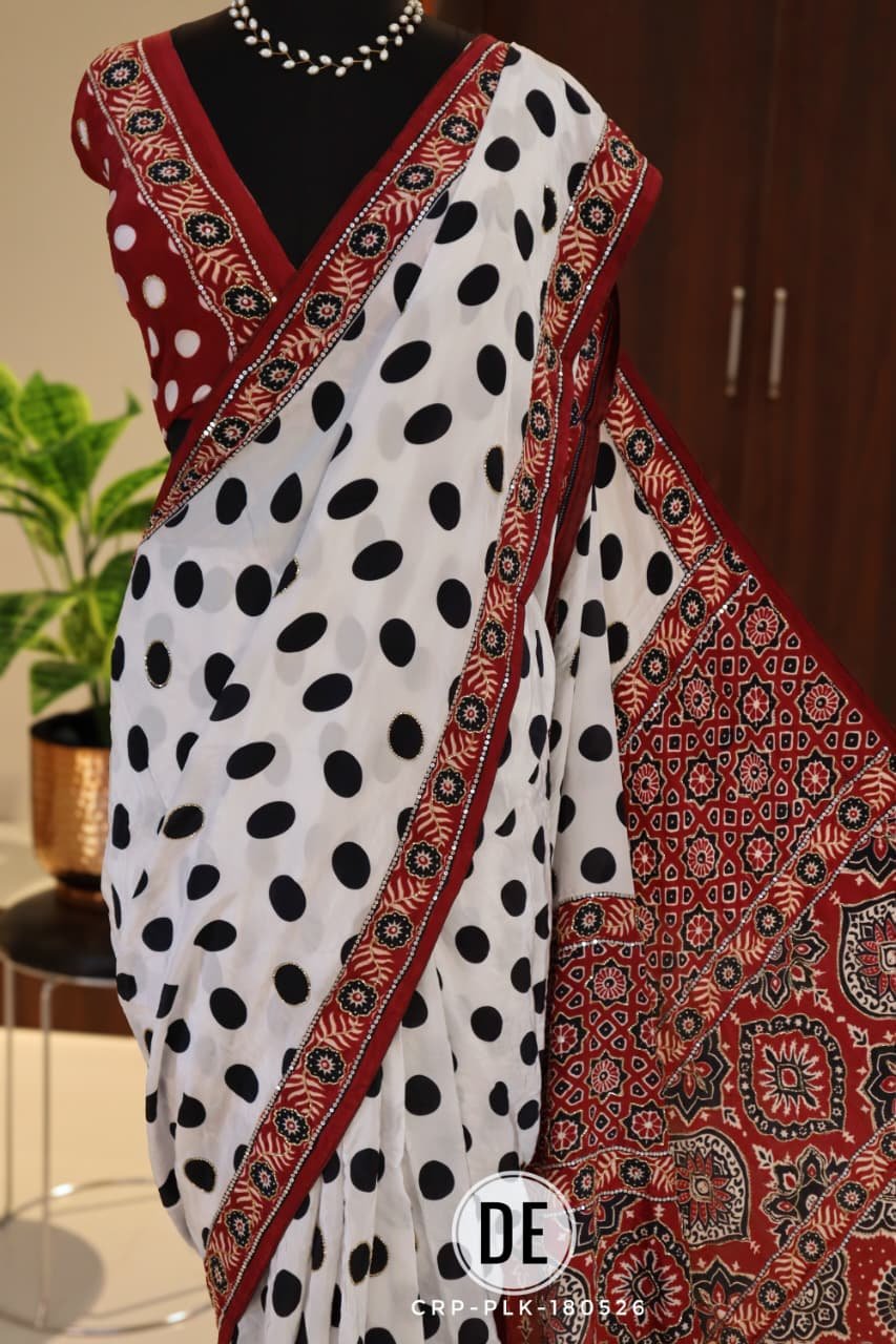 Polka Dot Crepe Silk Saree with Ajrakh Printed Pallu