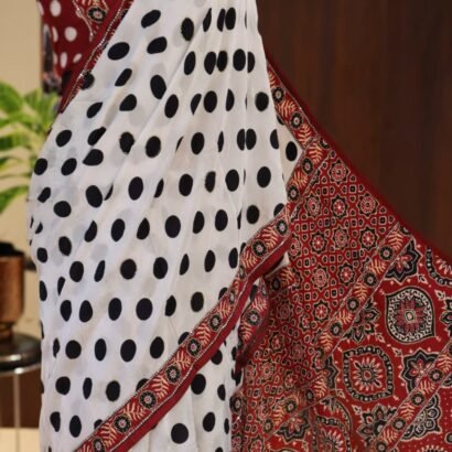 Polka Dot Crepe Silk Saree with Ajrakh Printed Pallu