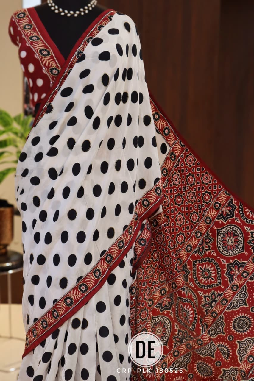 Polka Dot Crepe Silk Saree with Ajrakh Printed Pallu